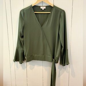 LOFT Olive Faux Wrap Blouse with Waist Tie